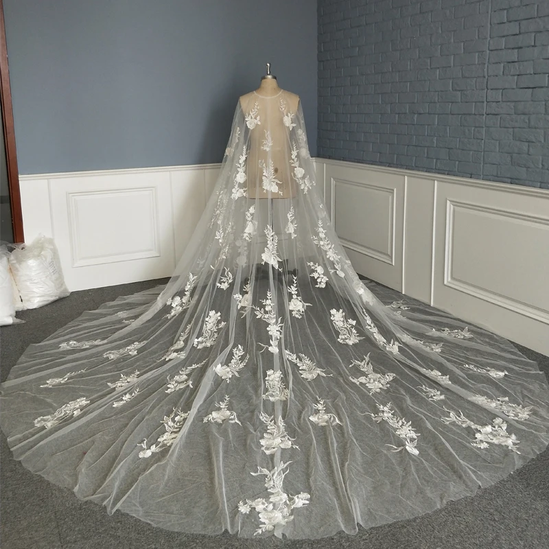

Роскошная Длинная свадебная накидка с бисером и кружевной аппликацией, фатиновая Свадебная накидка с длинным шлейфом