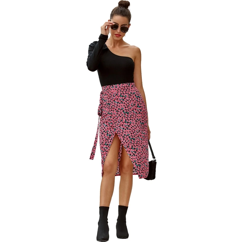 

Women Tie up High Waist Midi Skirt Swing Printed Split A-line Boho Beach Skirt