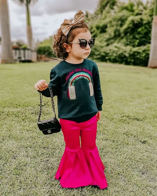 

2020 Autumn Toddler Baby Girls Fall Clothes Long Sleeve Rainbow T-Shirt Tops + Flared Pants 2Pcs Casual Outfits Set