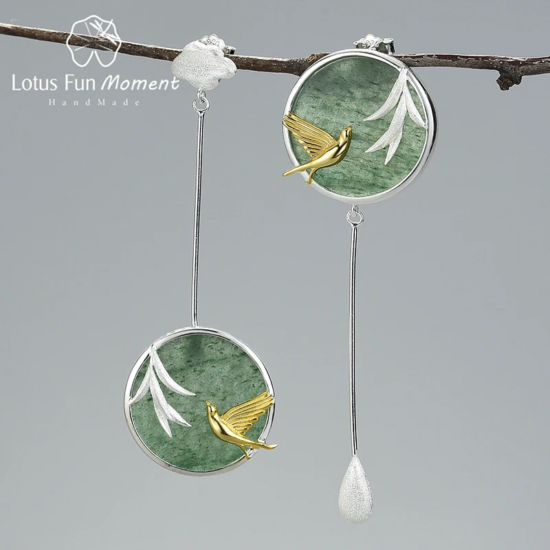

Lotus Fun Moment Natural Stone Drop Earrings Real 925 Sterling Silver Swallow and Willow in Spring Wind Fine Jewelry for Women
