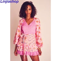 v neck color matching floral print summer dress puff sleeve high waist sweet temperament short holiday mini dress