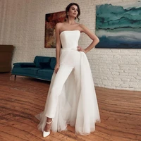women jumpsuit pastrol wedding dress with detachable skirt strapless satin pant suits bridal formal gowns vestidos de novia