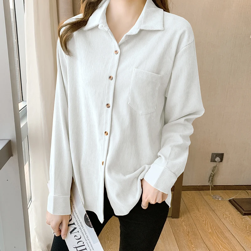 

Corduroy Loose Women's Shirts Casual Long Sleeve Blusas New Fashion Blouses Solid Color Polo Collar Shirts Autumn Houthion