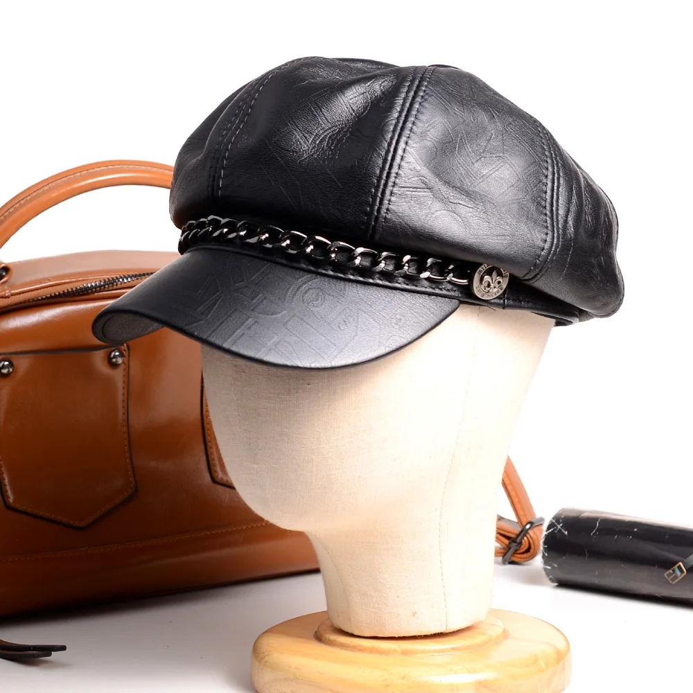 

Women's Men's 100% Real Leather Sheep Skin Winter Outdoor Chain Newsboy Beret Casquette Hats/Caps