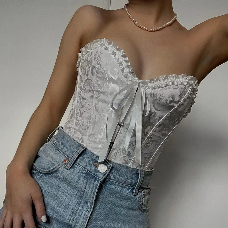 

Floral Lace Up Bandage Vintage Strapless Crop Top Women Summer Jacquard Sexy Sleeveless Tanks Camis Frill Milkmaid Tops Ladies