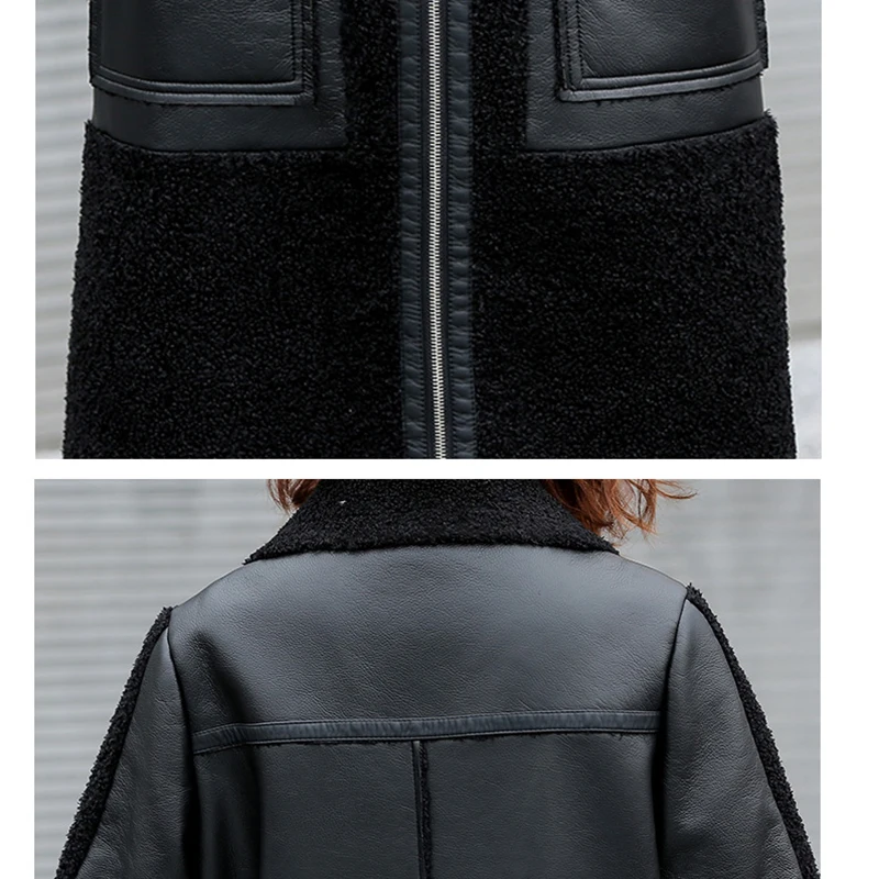 Winter Women Sheepskin Long Coats Thick Eco-leather Lambskin Wool Fur Big Pockets Jackets Splicing Black Motorcycle Outwear Hot enlarge