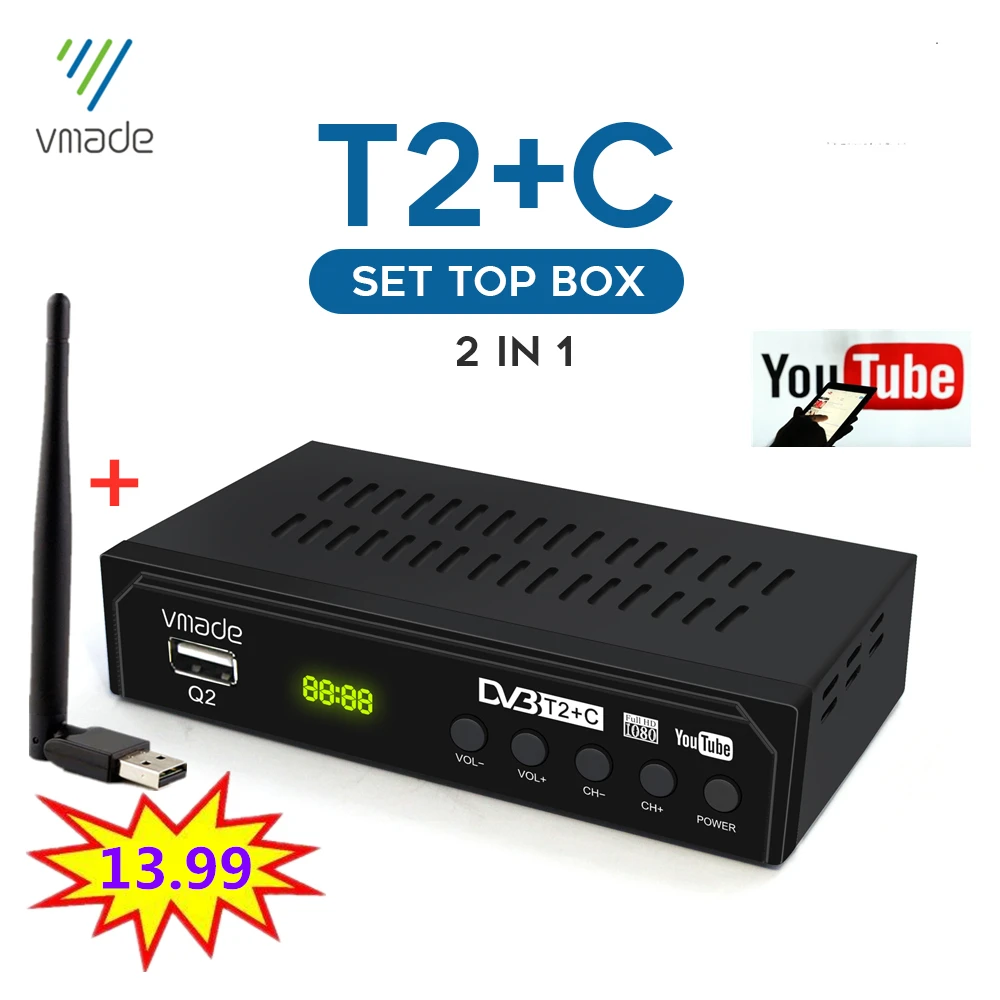 

Hot selling European Russia DVB T2 DVB C full HD digital receiver supports Youtube STB and USB WIFI H.264 HEVC TV Tuner
