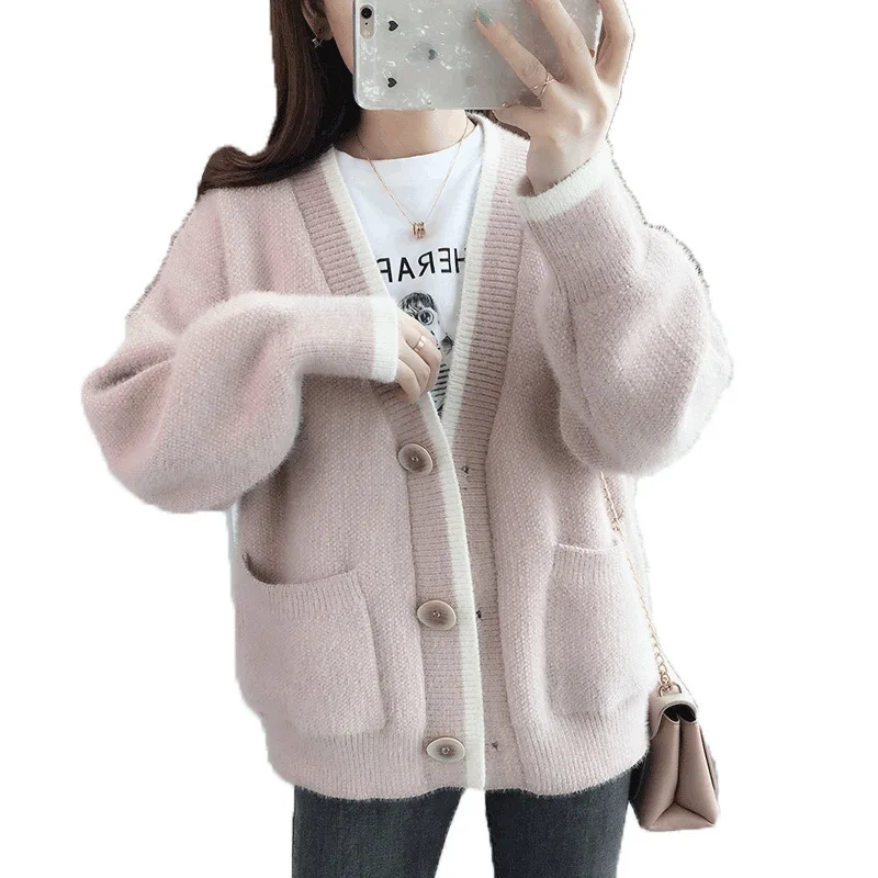 

Sweater Fashion 2018 Cardigan Women Casual V-neck Regular Buttons Pure Color Lazy Style Knitted Loose Long Sleeve Thickened Top
