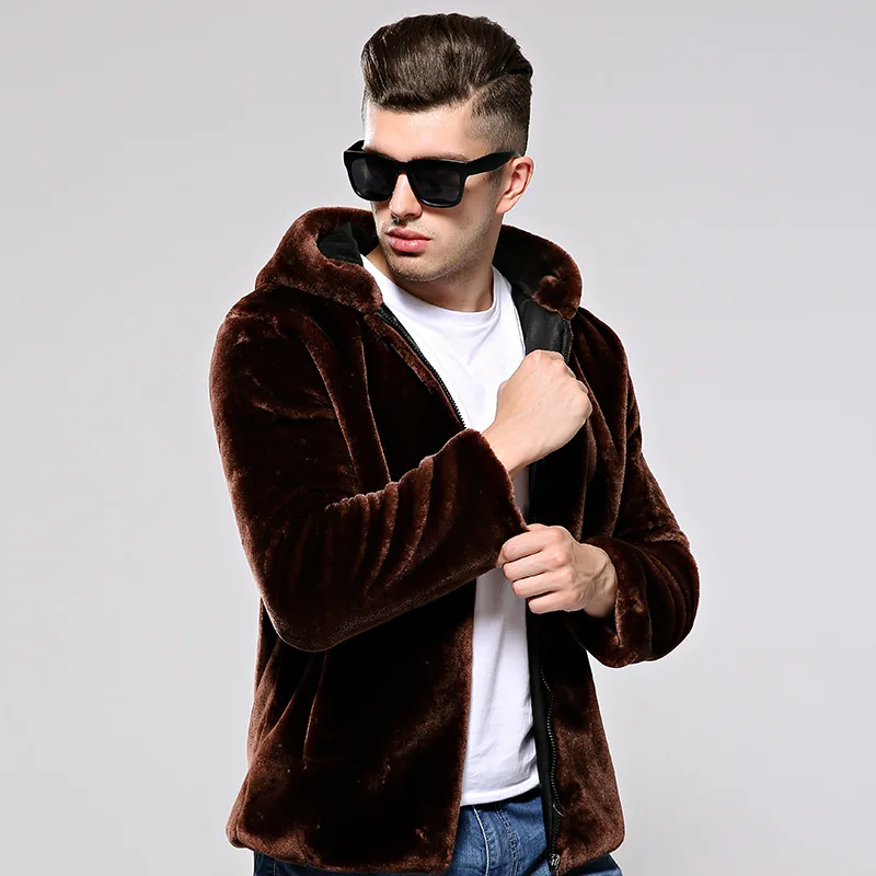 Fashion Brown Faux Fur Coat Thick Fur Fluffy Warm Coat Men Plus Size Hooded Long Sleeve Jacket Winter Loose Casual Male Top 4XL