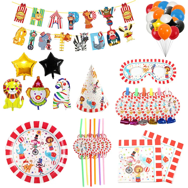 

Circus Theme Animals Party Supplies Disposable Tableware Set Paper Cups Plates Kids Birthday Baby Shower Party Decorations
