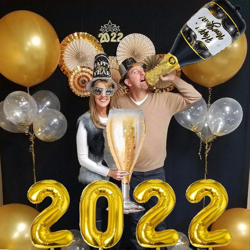 78pcs gold black latex foil bottle wine glass balloons 2022 happy new year eve party decorations for home merry christmas xmas free global shipping