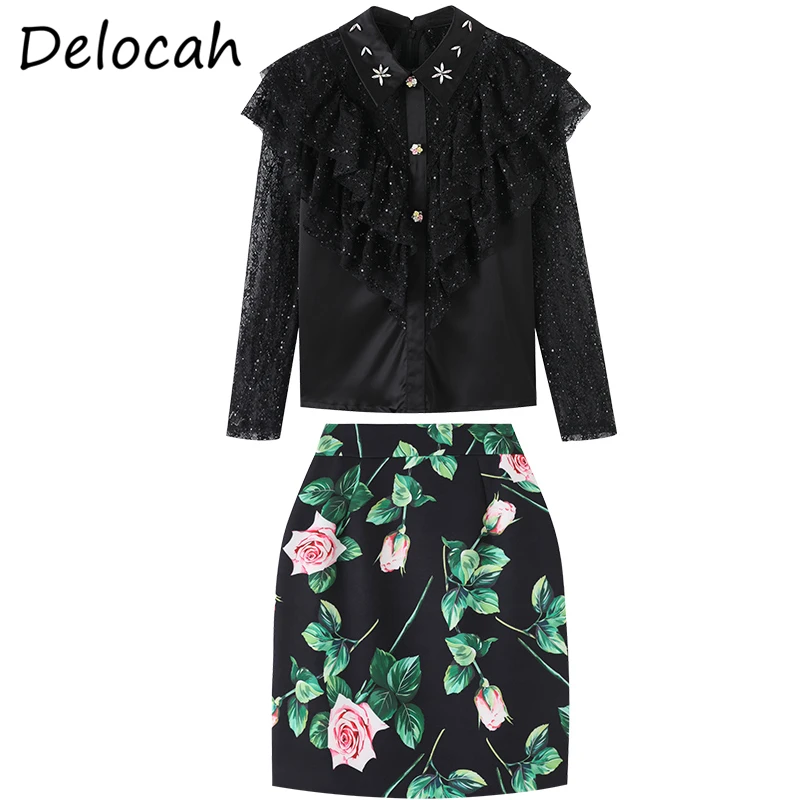 

Delocah New 2021 Women Summer Fashion RunwaySkirt Set Long Sleeve Blouses + High Waist Rose Printed Skirts 2 TwoPiecesSuits