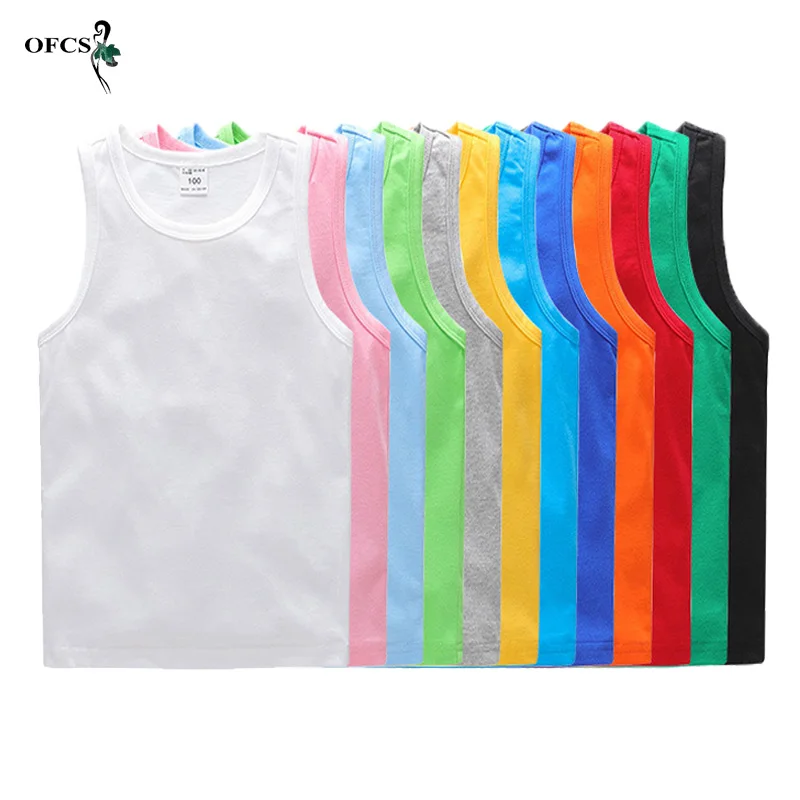 

Новое поступление, яркий повседневный жилет для девочек, однотонные Детские футболки без рукавов для маленьких мальчиков, летние 100% хлопко...