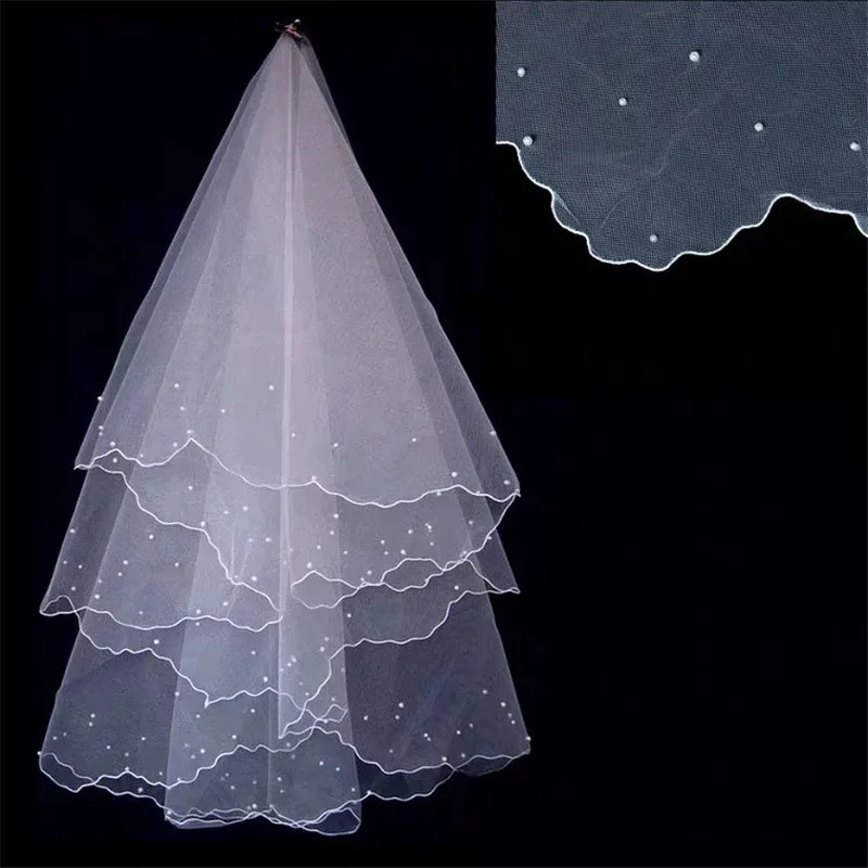 Фата свадебная двухслойная из тюля перламутровая вуаль с клейкими бусинами