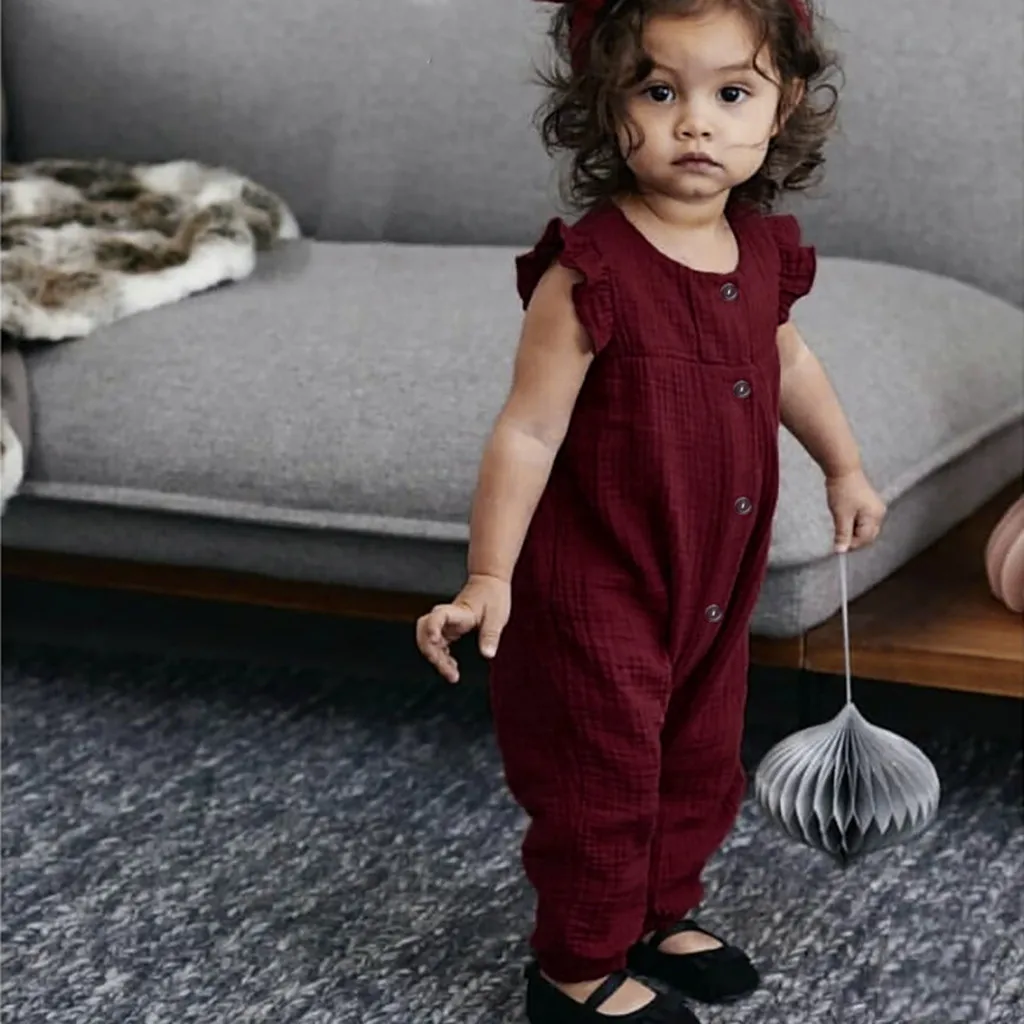 Детский однотонный комбинезон из хлопка и льна с рукавами фонариками оборками