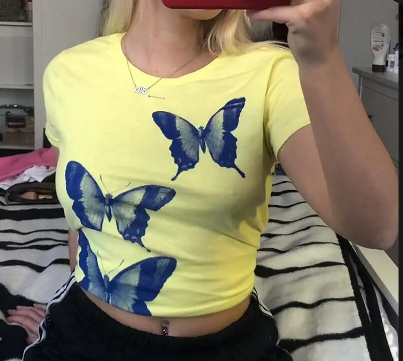 

Футболка с принтом E-Meisje Vlinder, облегающий кроп-топ без рукавов, уличная одежда Zomer Y2K, футболка