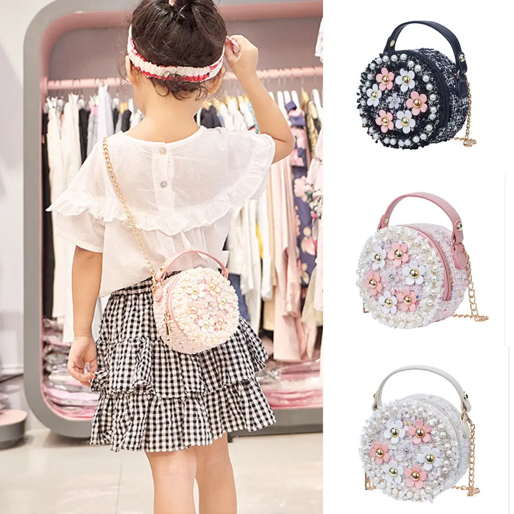 

New Girls Cylindrical Pearl Flower Fashion Shoulder Messenger Bag Kids Princess Crossbody Bags Shoulder Stylish Zipper Gifts