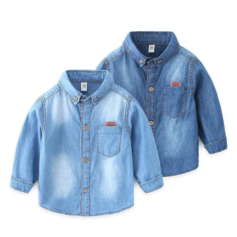 Рубашка джинсовая для мальчиков блузка с длинными рукавами и карманами вышивкой