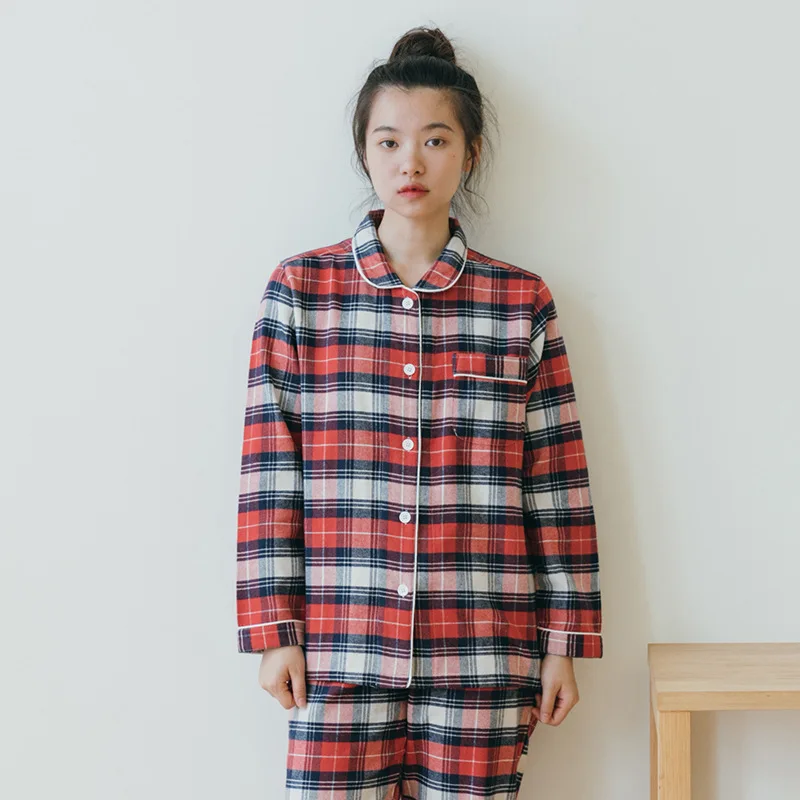 Plaid Couple Pajamas Set 2pcs Cotton Men&ampwomen Sleepwear Sexy Homewear Long Sleeve Shirt&amppants Pocket Home Clothing Nightwear | Женская
