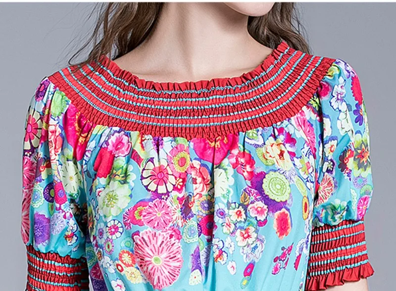 

2021 Summer Fashion Flower Print Dress Women Elegant O neck short Sleeve Slim High Waist Beach Boho dress Vestidos