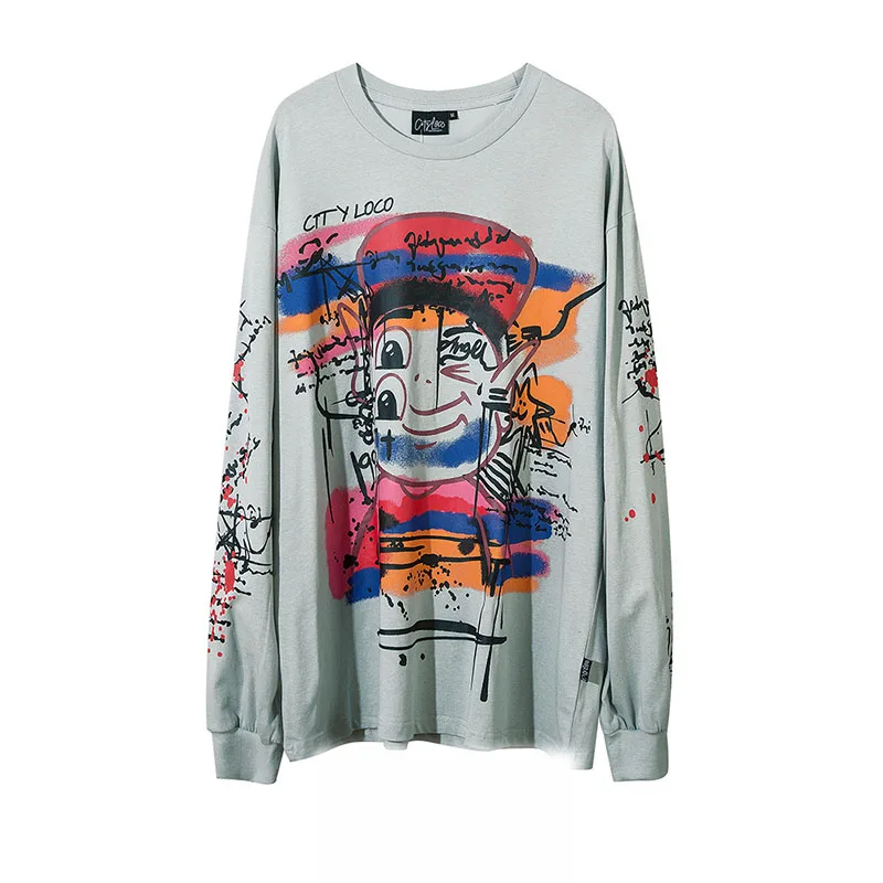 

KIOVNO Men Hi Street Oversized T Shirts Graffiti Printed Creative Top Tees For Male Long Sleeves Harakuju Cotton
