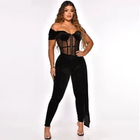 black sexy sheer mesh transparent velvet jumpsuits women off the shoulder backless hollow party romper elegant clubwear bodysuit