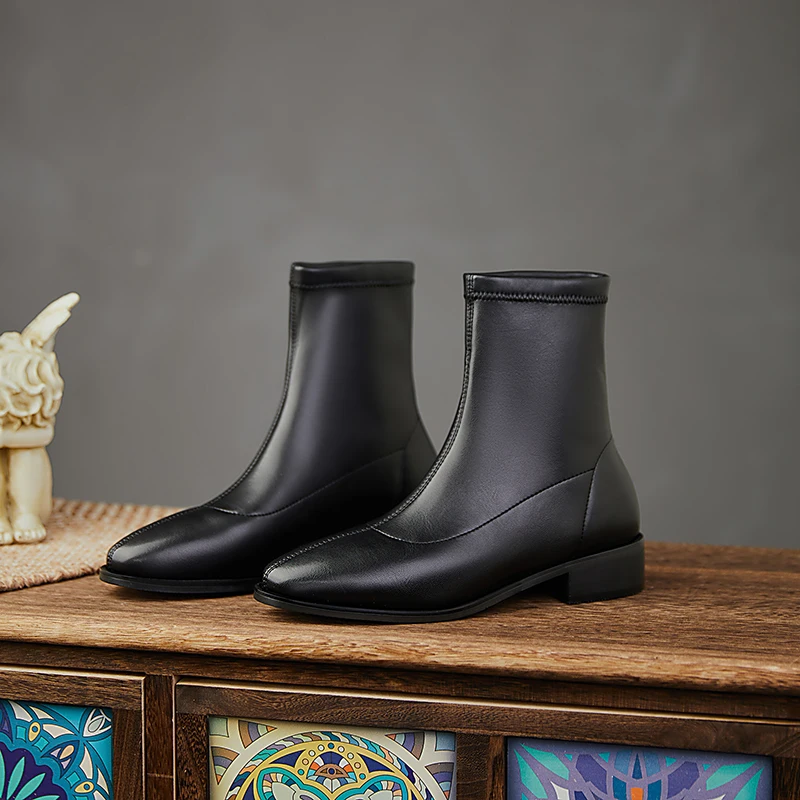 

Genuine Leather Ankle Boots Winter Low Heels Women Office Night Club square Toe Shoes Woman Fashion Punk Chelsea Boots