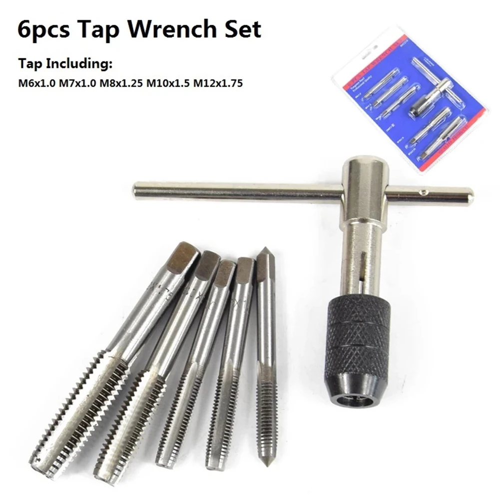 

6pcs Screw Thread Metric Plug Tap Drill Set Hand Tapping Tools Metric Screw Tap Wrench Handle Ratchet M6-M12