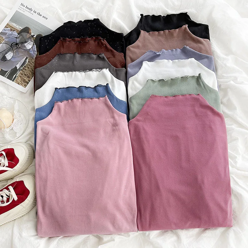 

Long Sleeve Shirt Women Soft Waxy Comfortable Modal Cotton Half High Collar Wood Ear Edge Slim Bottomed Long Sleeve T-Shirt Top