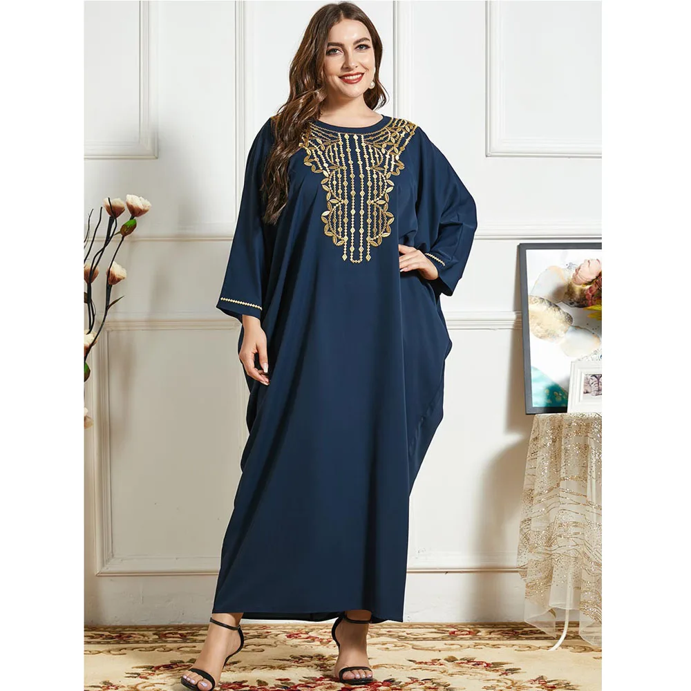 Платье-Макси женское, длинное, хлопковое, с вышивкой, с рукавами летучая мышь, в арабском стиле, дубайское, свободное, размера плюс