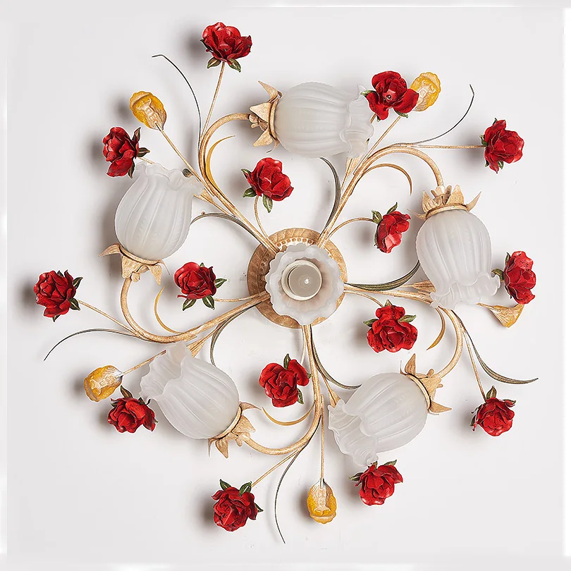 

Romantic Red Flower Glass Ceiling Lamp Countryside Living Room Floral Ceiling Lights Metal Alloy Bedroom Wedding Lighting D90