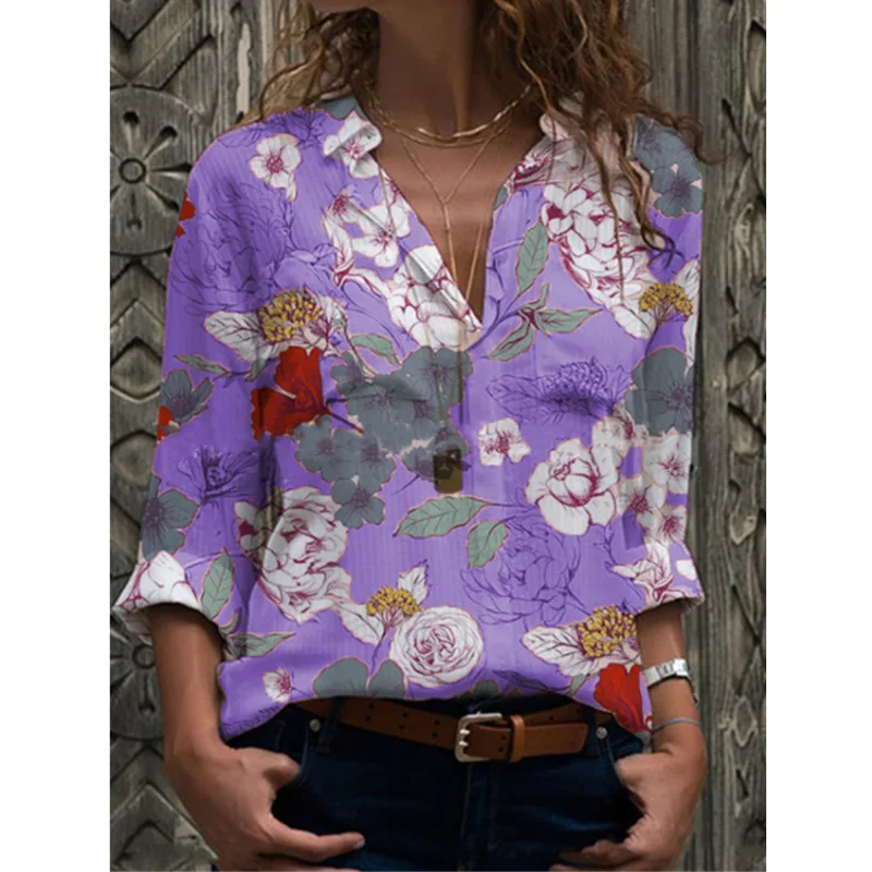 

Summer Sweatshirts Women Casual Blouse Vintage Long Sleeve Shirt Spring Floral Printed V Neck Pullover Ladies Shirts Female Tops