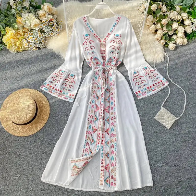 

Summer Women's Dress Heavy Industry Embroidery V-neck Drawstring Trumpet Sleeves Ethnic Style Thin Waist Long Dresses 2020 Robes