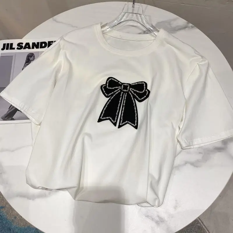 

2021 Summer New Fashionable Shirts for Women Pearl Beaded Bowk Round Neck T-shirt Female Short Sleeve Streetwear Top