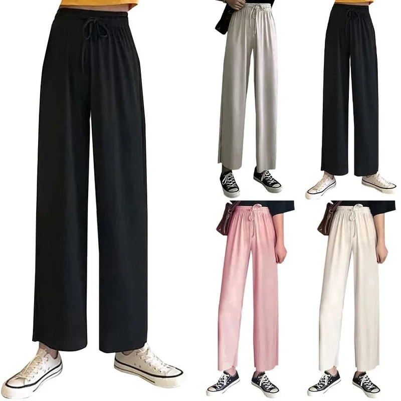 

Korean Style Womens Casual Long Pants High Waist All-match Loose Wide-leg Solid Color Baggy Trousers