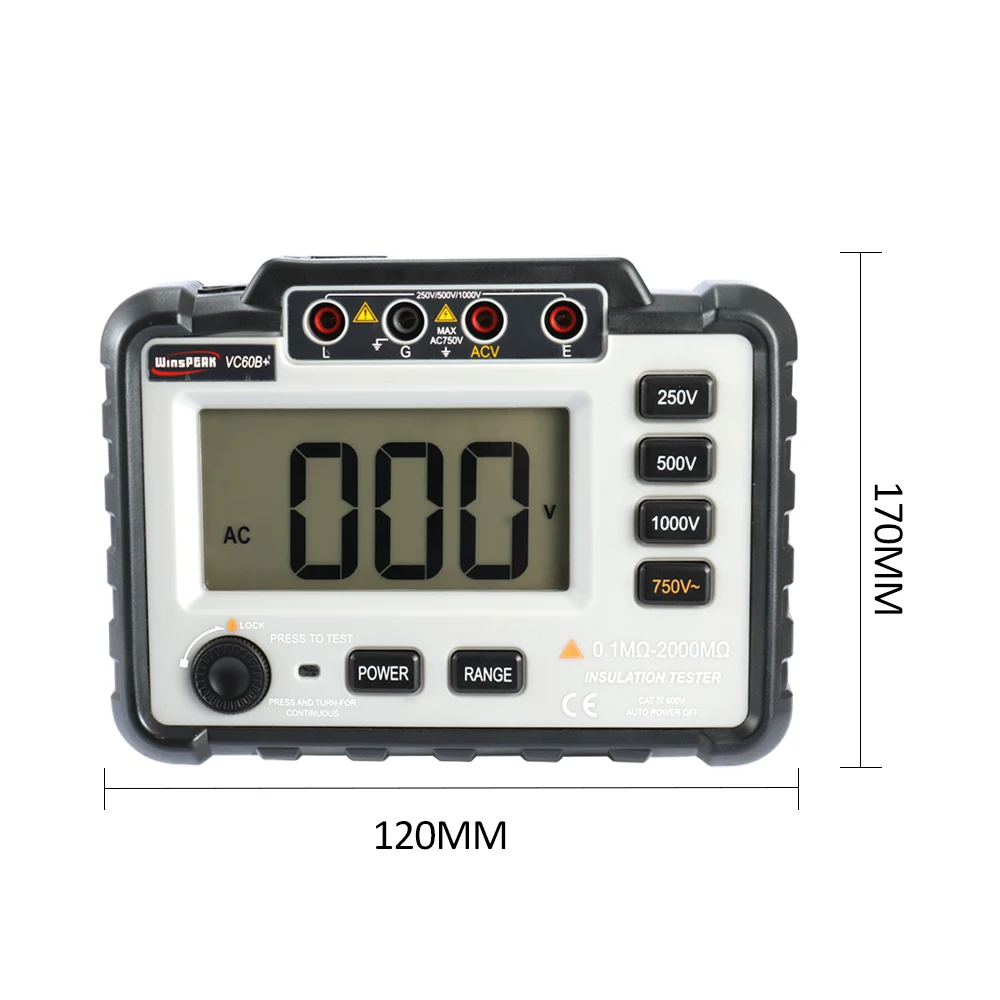 

WinsPEAK VC60B+ LCD Digital Display Insulation Resistance Tester Megameter DC250V/500V/1000V AC750V with Wide Measuring Range