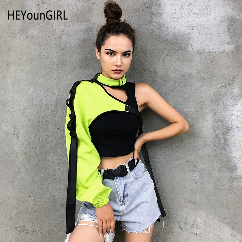 Женская футболка с одним открытым плечом HEYounGIRL неоновый зеленый топ лямкой на