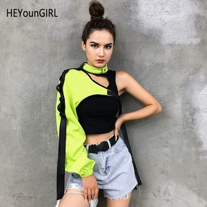 Женская Светоотражающая футболка HEYounGIRL, неоновый зеленый топ на одно плечо с бретелькой через шею, уличная одежда в стиле Харадзюку, женская футболка в стиле хип-хоп