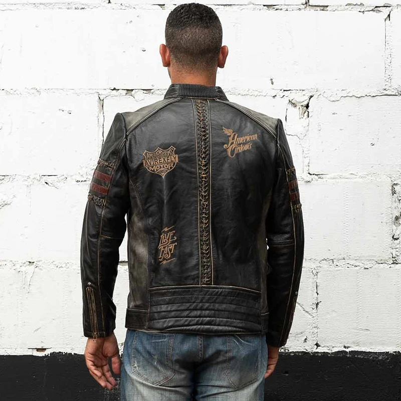 

Vintage 2020 Leather Men's Genuine Black Thick Cowhide Slim Fit Motorcycle Biker Embroidery Coat Spring Plus Size Jacket