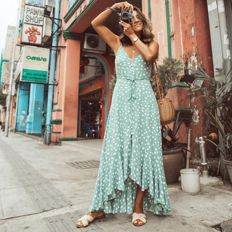 Women Dot Print V neck Backless Boho Long Maxi Dress Woman Party Dresses Summer Beach Sundress Streetwear Vestidos 2019 NEW | Женская