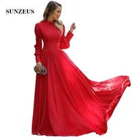 high neck long sleeves red chiffon evening dresses 2022 a line simple elegant women long party dress formal gowns