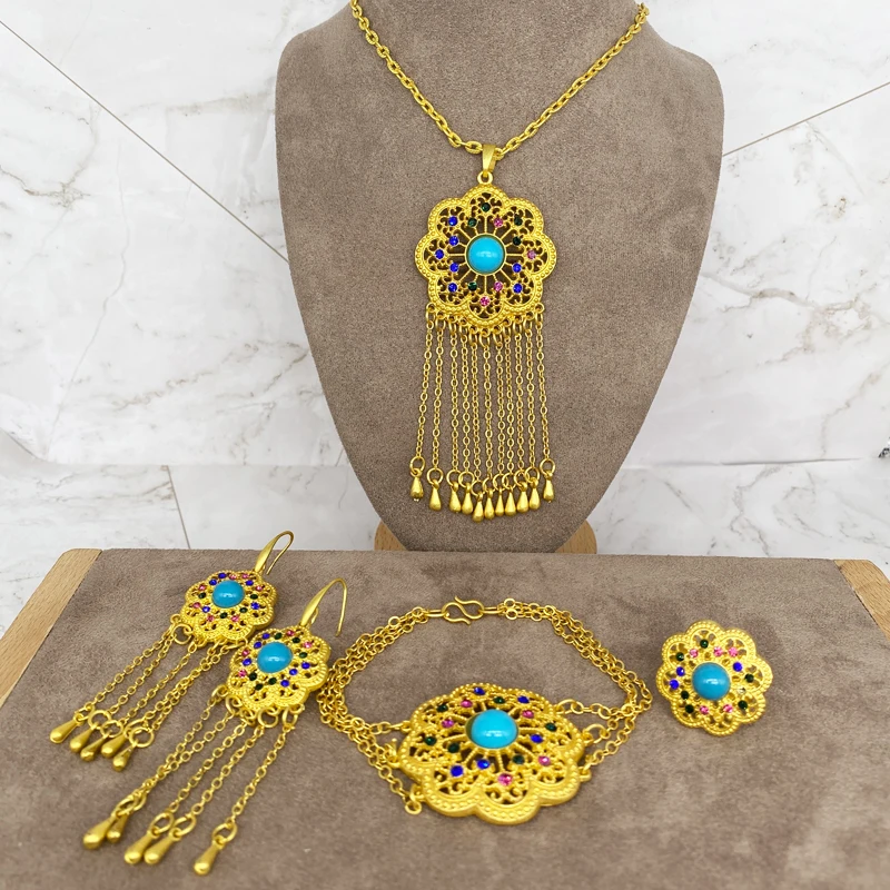 

Moda etíope bowknot dubai conjuntos de jóias para as mulheres colar pulseira brincos anel cor ouro colar africano presentes de c