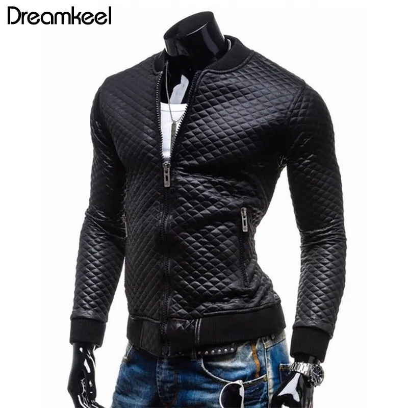 Мужская приталенная куртка из ПУ кожи короткая стеганая в клетку Повседневная