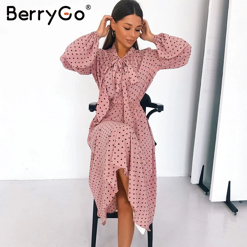 BerryGo, элегантное платье макси в горошек, женское, свободное, праздничное, для девушек, шикарное, с бантом, Платья для вечеринок, Осень-зима, рукав-фонарик, женское платье