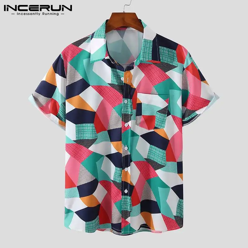 

INCERUN 2021 Men Hawaiian Shirt Printing Lapel Short Sleeve Vacation Casual Tops Summer Streetwear Breathable Shirts Camisas 3XL