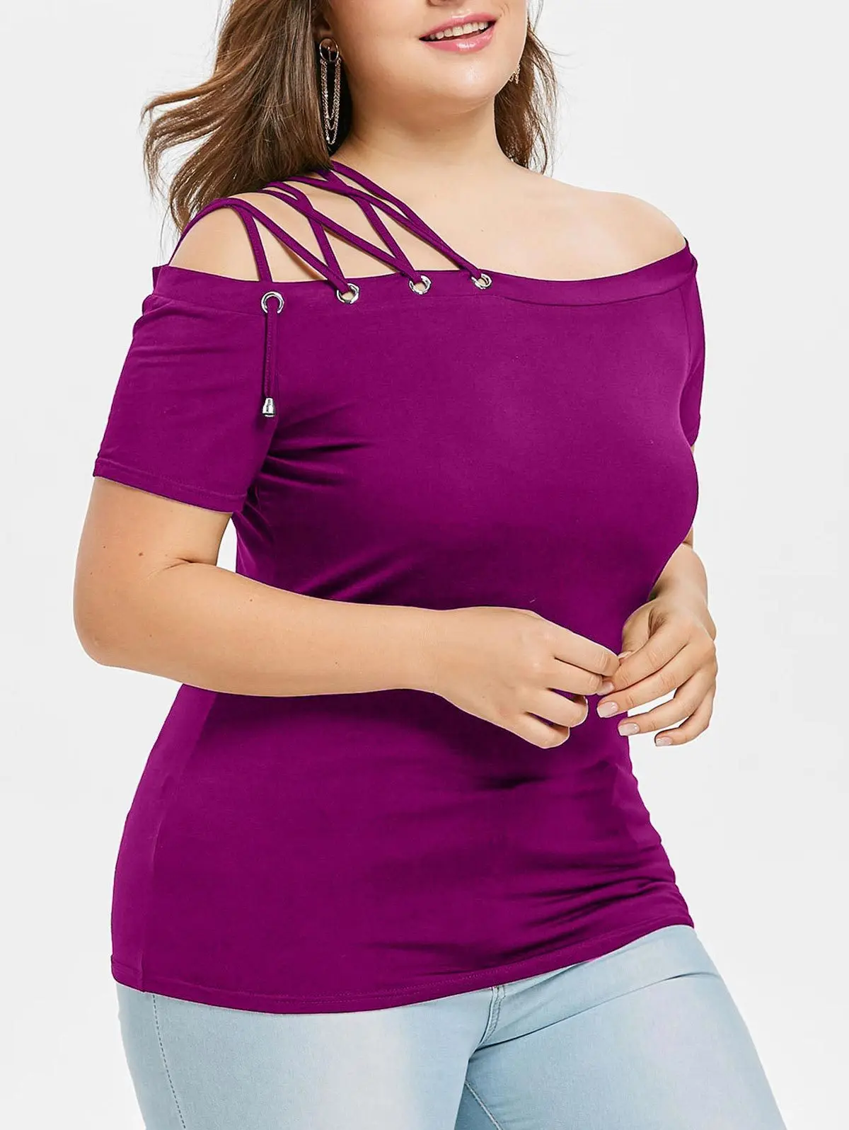 

Summer solid color card shoulder strap T-shirt short-sleeved one-shoulder cotton top fashion sexy ladies clothing