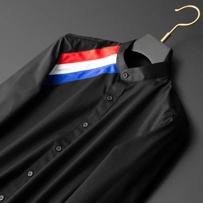 

Cotton Shirt Men Solid Stand Collar Single-Breasted Tops Black Mixed Color Striped Decoration Four Seasons Korean Male Tunic