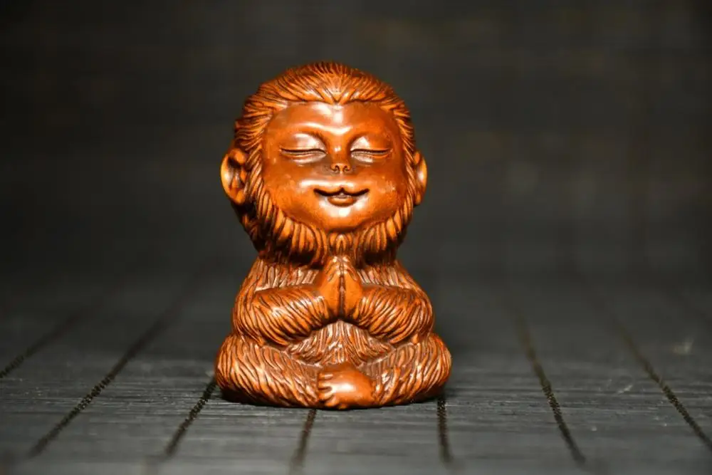 

Home Decor 3" China Collection Old Boxwood Monkey King Statue Carved monkey folded hands Journey to the West Monkey King