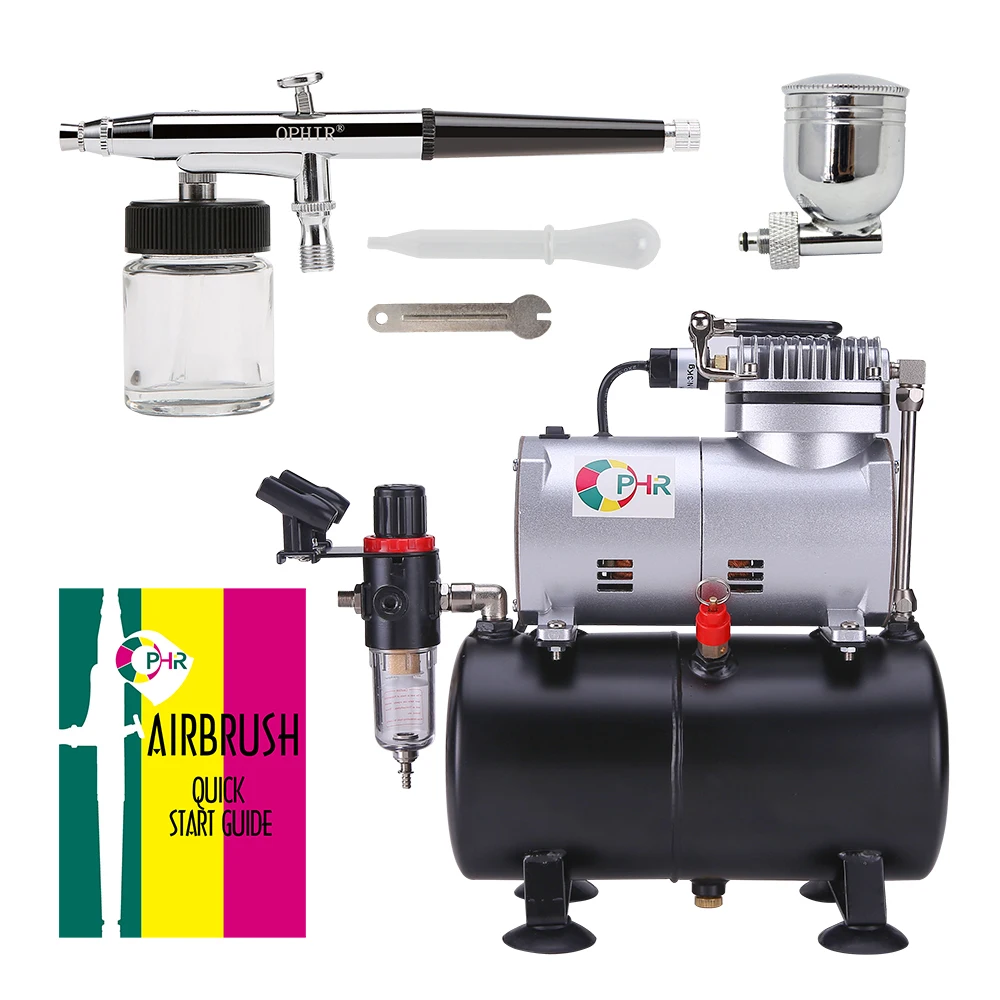 OPHIR 110V 220V Tank Air Compressor with Dual Action Airbrush Gun Paint Kit for Model Hobby Cake Decorating Nail Art_AC090+AC005