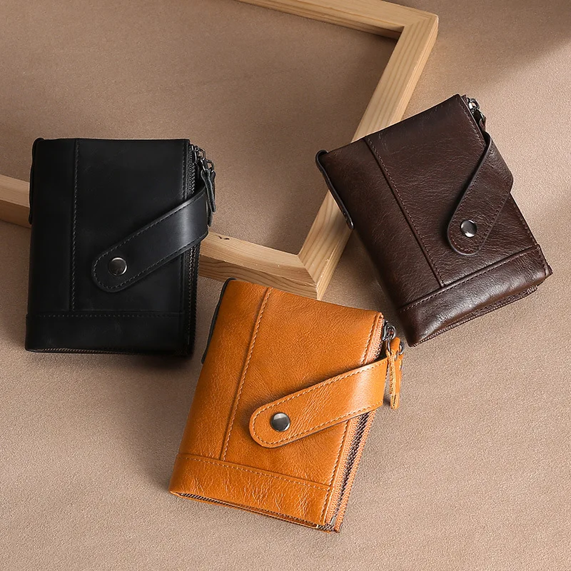 Double zipper short men's wallet leather zipper buckle antimagnetic change coin hand held oil package wax leather wallet